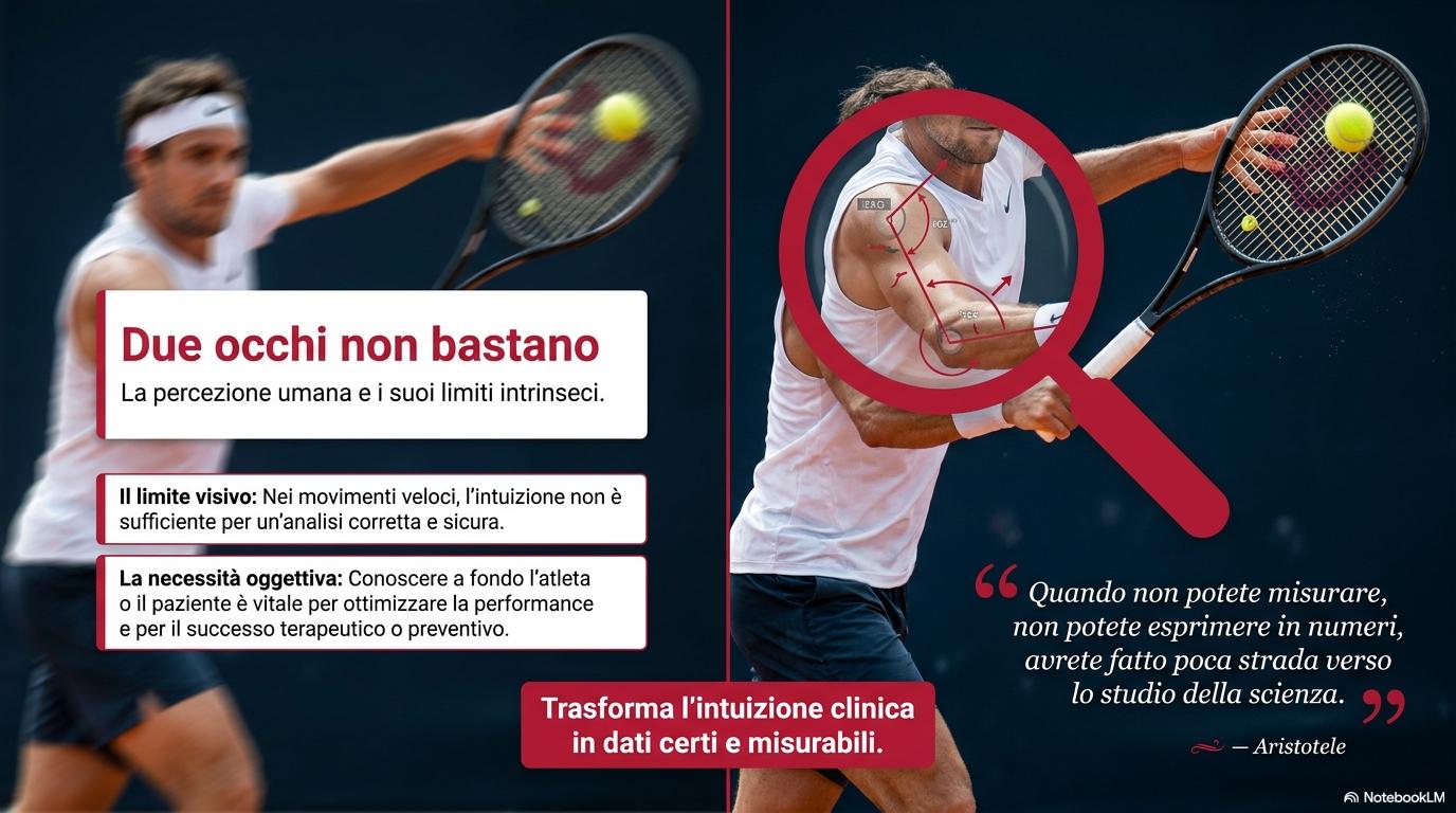 Slide Due occhi non bastano con tennista, lente di ingrandimento e annotazioni biomeccaniche