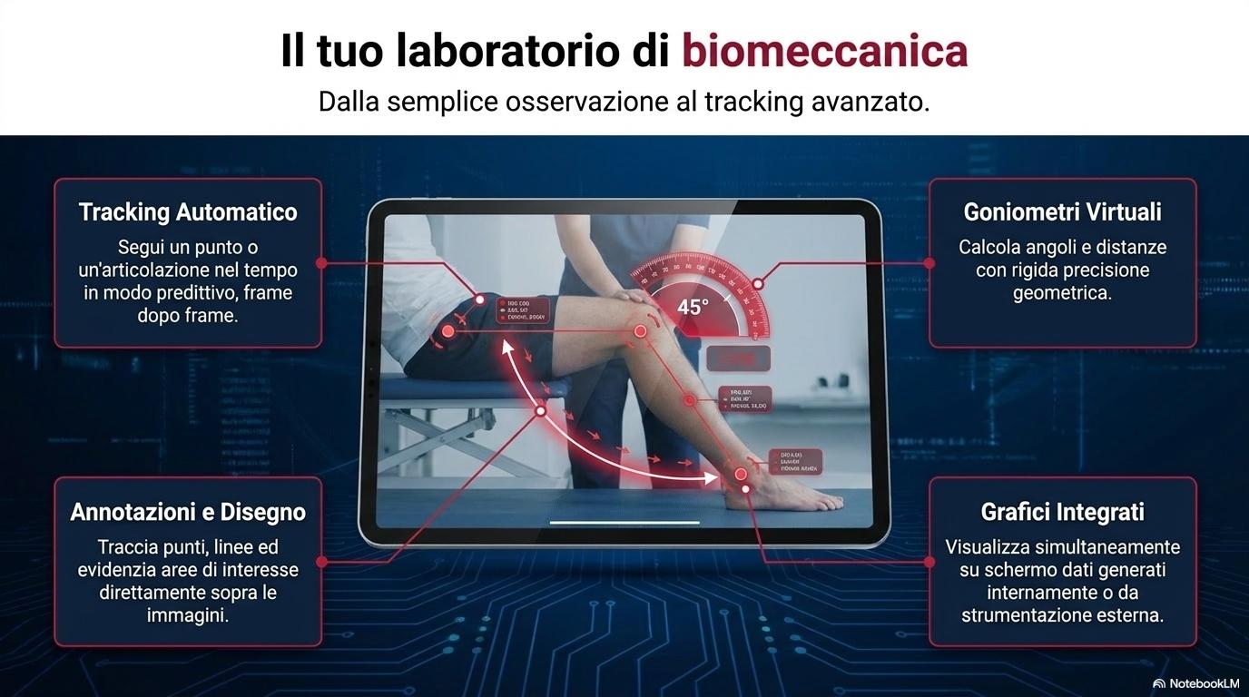 Il tuo laboratorio di biomeccanica con tracking, goniometri, annotazioni e grafici